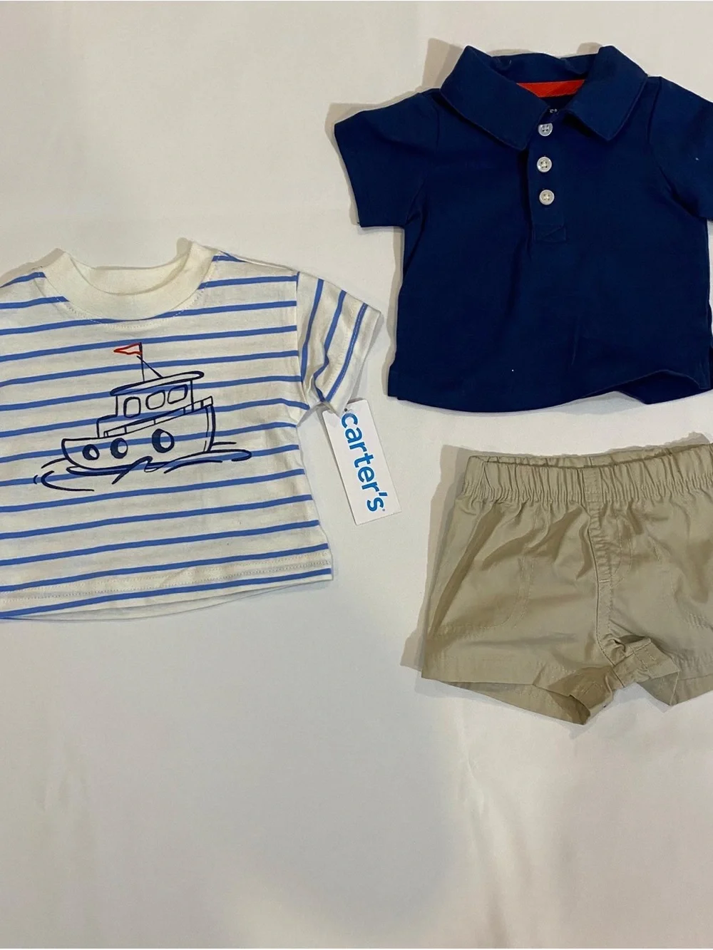 Carter's Navy Polo, Striped Boat Tee & Khaki Shorts Set